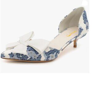 XYD Blue Flower White-bow D'Orsay Kitten Heel Bridal Bowknot Closed Toe Pumps